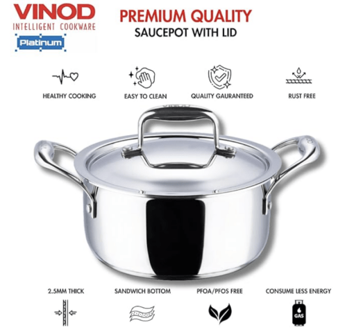 Vinod Platinum Triply Stainless Steel Saucepot with Lid - 1.8 Litre, 18 cm | 2.5mm Thick | SAS Bottom | Biryani Pot | Induction and Gas Base | 5 Year Warranty - Silver - Image 3